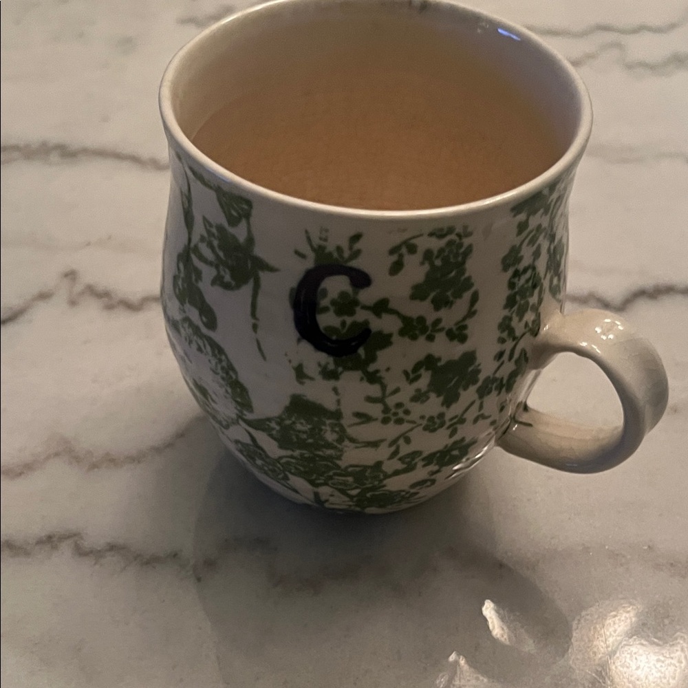 Anthropologie Green and Cream Monogram Mug